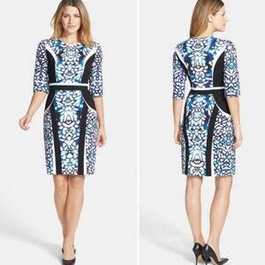 Classiques Entier  Short Sleeve Nina Print  Ponte Sheath Dress Blue White Size 8